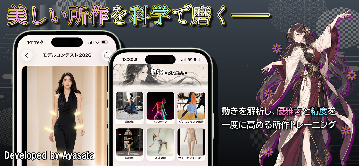 雅姫の姿勢分析と所作トレーニング画面